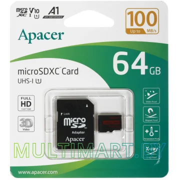 Карта памяти Apacer R100 microSDXC 64GB с адаптером (AP64GMCSX10UB-R)